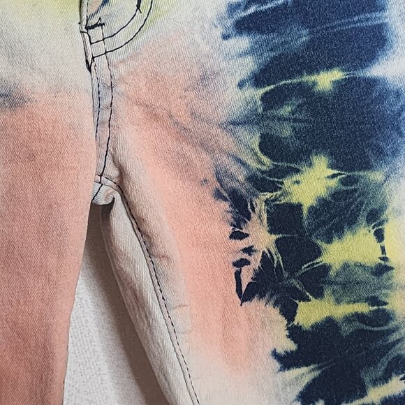 Demolition Acid Wash Tie Dye Pink Blue Yellow Stretch Cotton Denim Shorts Sz 10 - Picture 9 of 16